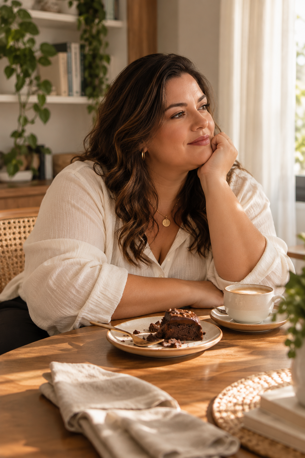 Mulher sentada à mesa com uma xícara de café e bolo de chocolate
