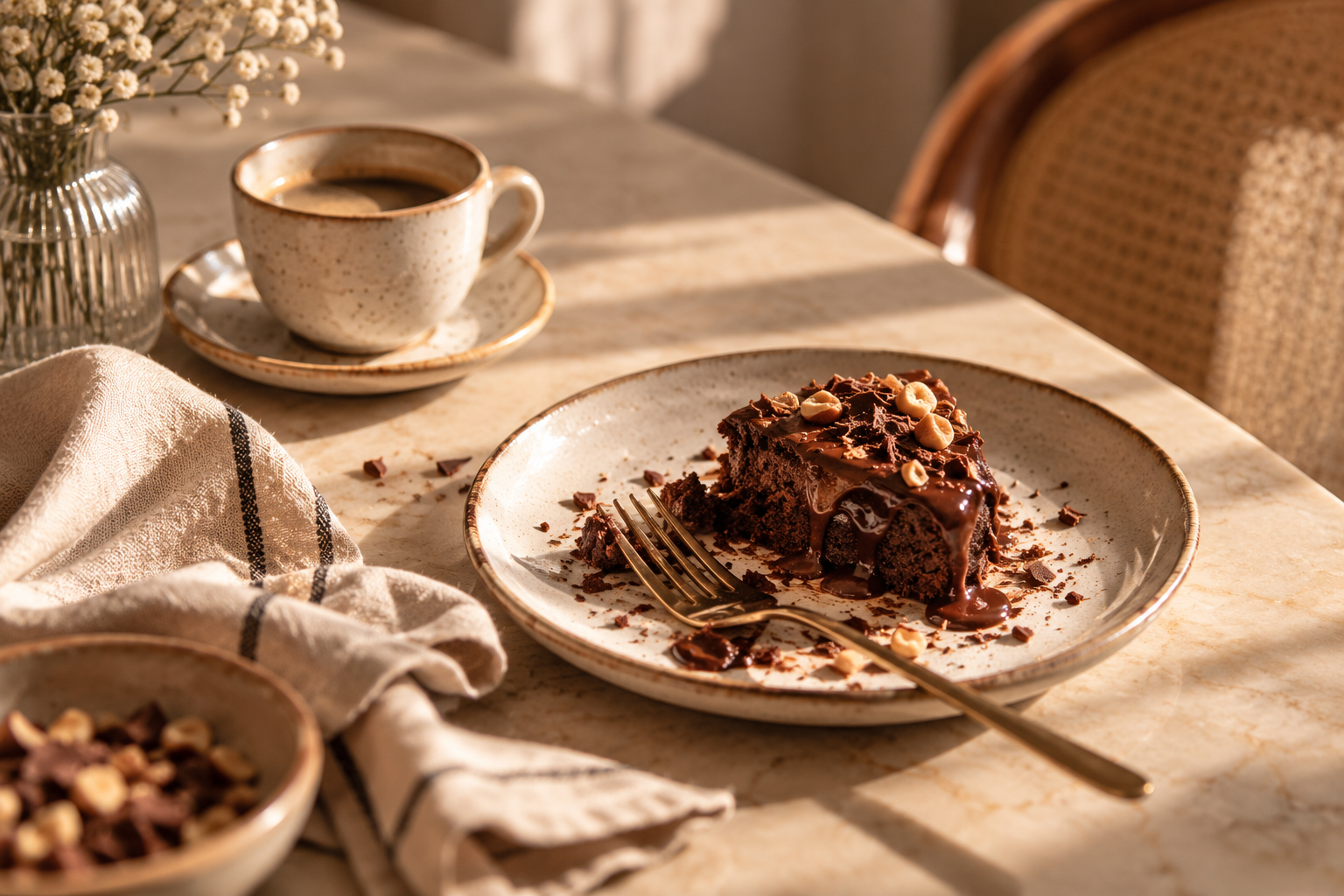 Café e bolo de chocolate parcialmente consumido em uma mesa com luz natural