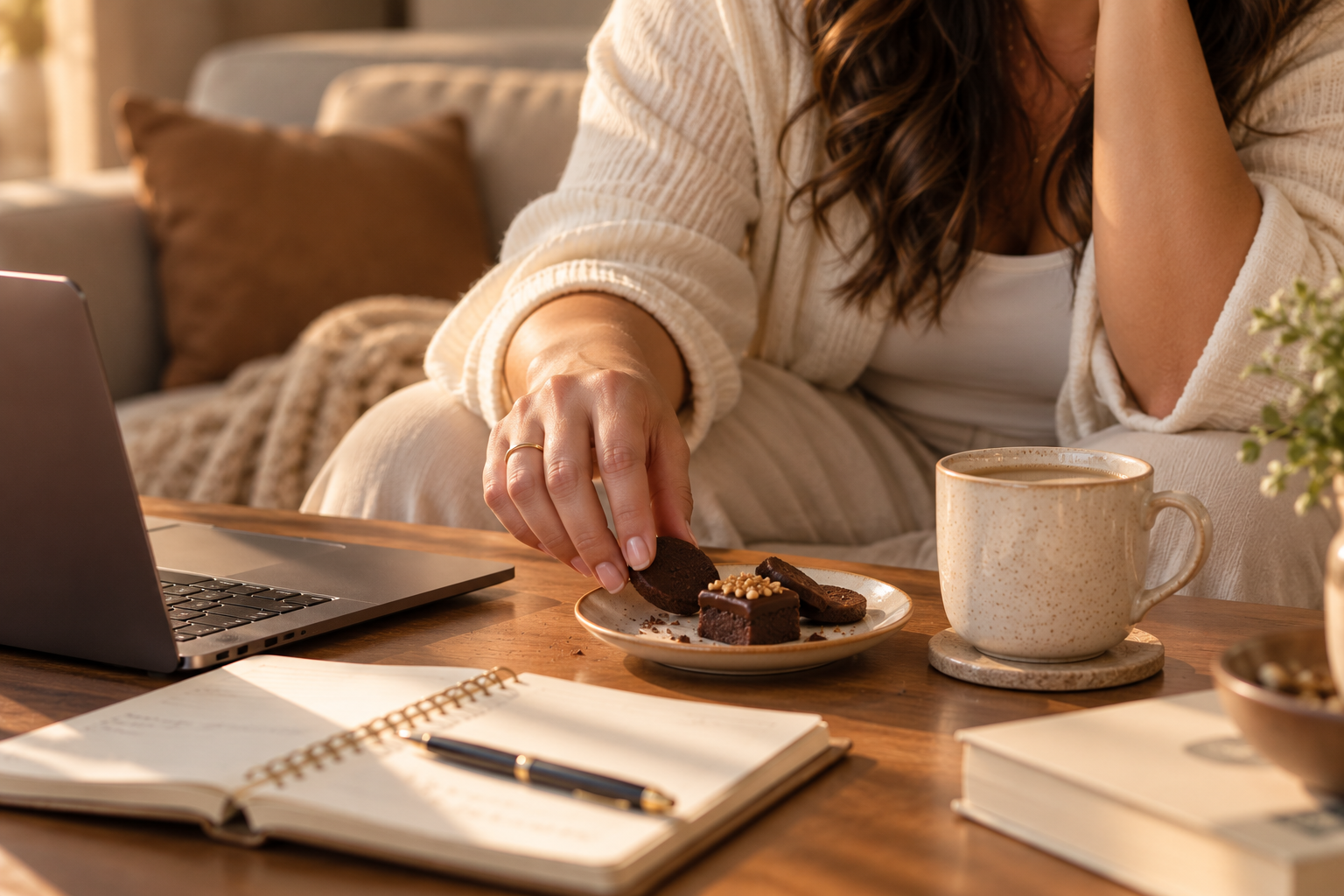 Mão de uma mulher pegando chocolate ao lado de um notebook, caderno e café
